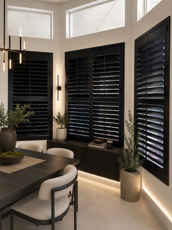 Black shutters on three tall dining-room windows, with clear transom windows above