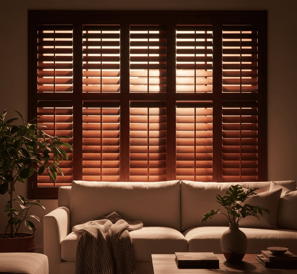Stained basswood plantation shutters