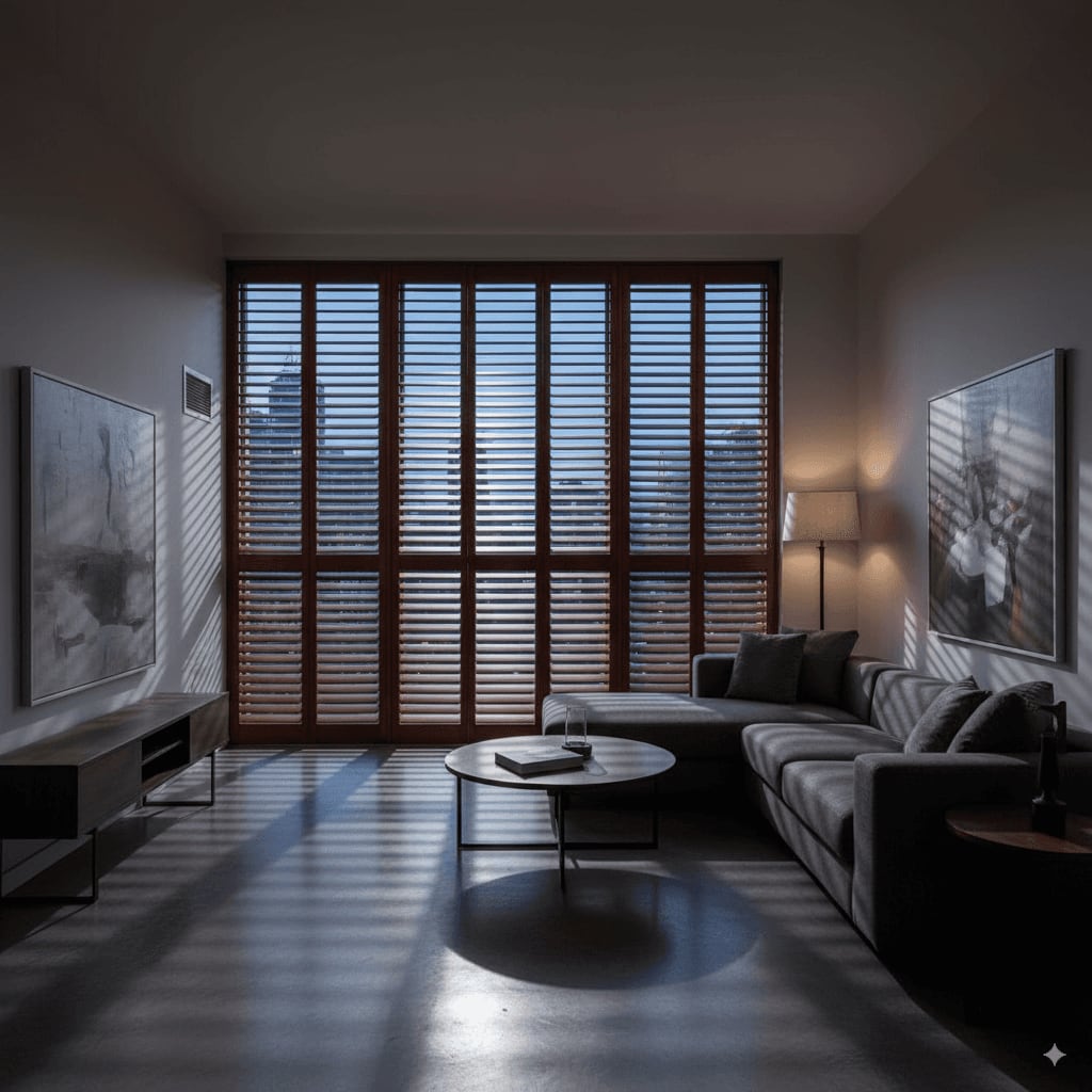 Stained basswood plantation shutters
